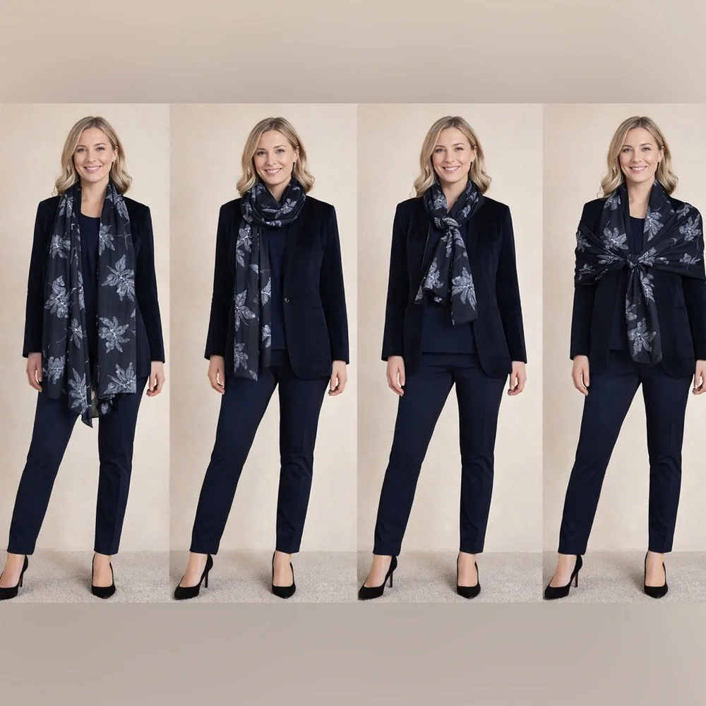 NEW Black & Ivory Leaf Print Scarf | Versatile | Lightweight Year Round